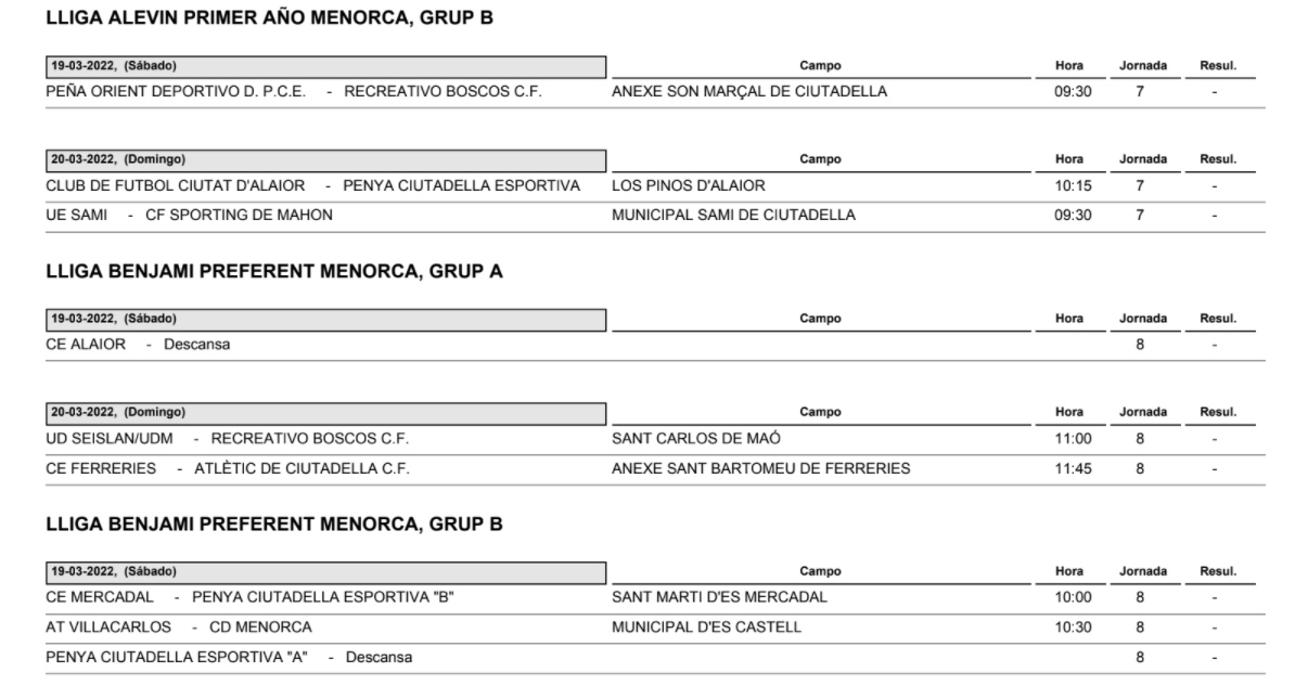 Horarios Futbol Menorca