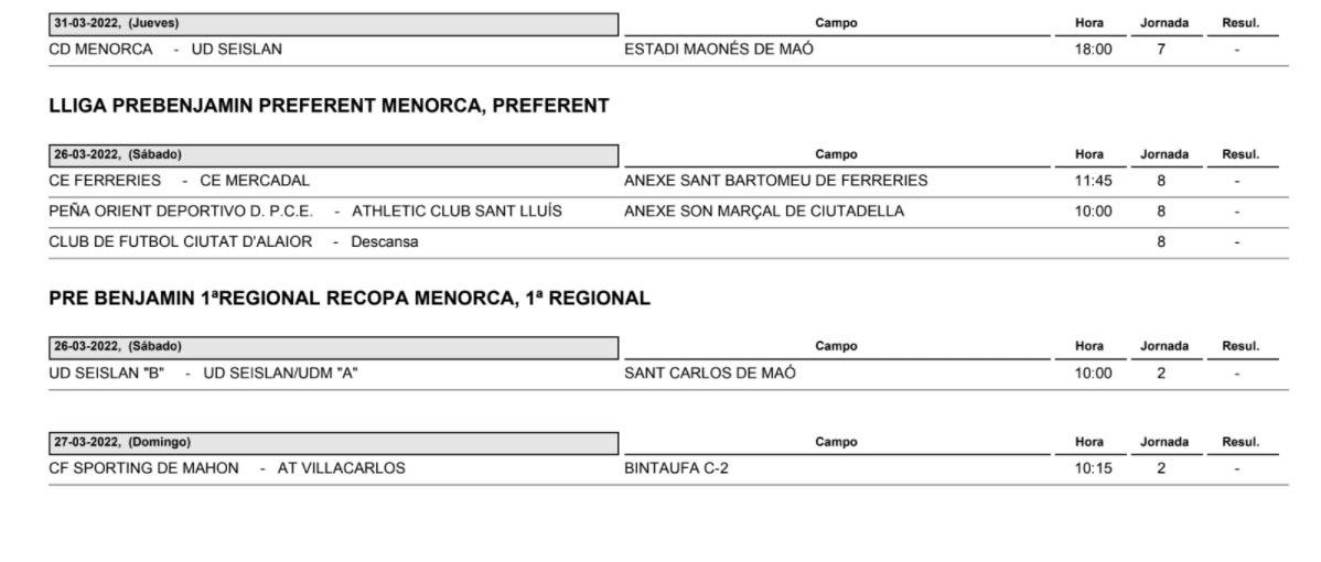 Horarios Futbol Menorca