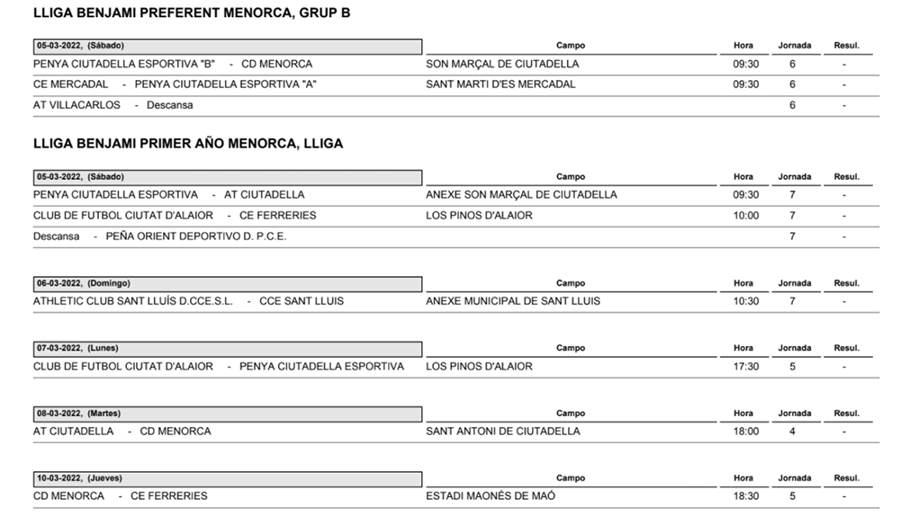 Horarios Futbol Menorca