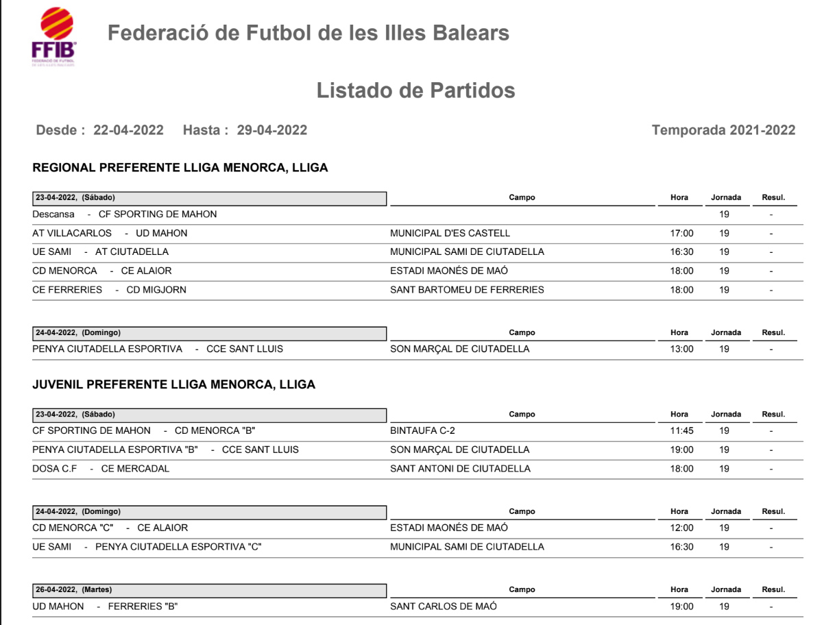 Horarios Futbol Menorca