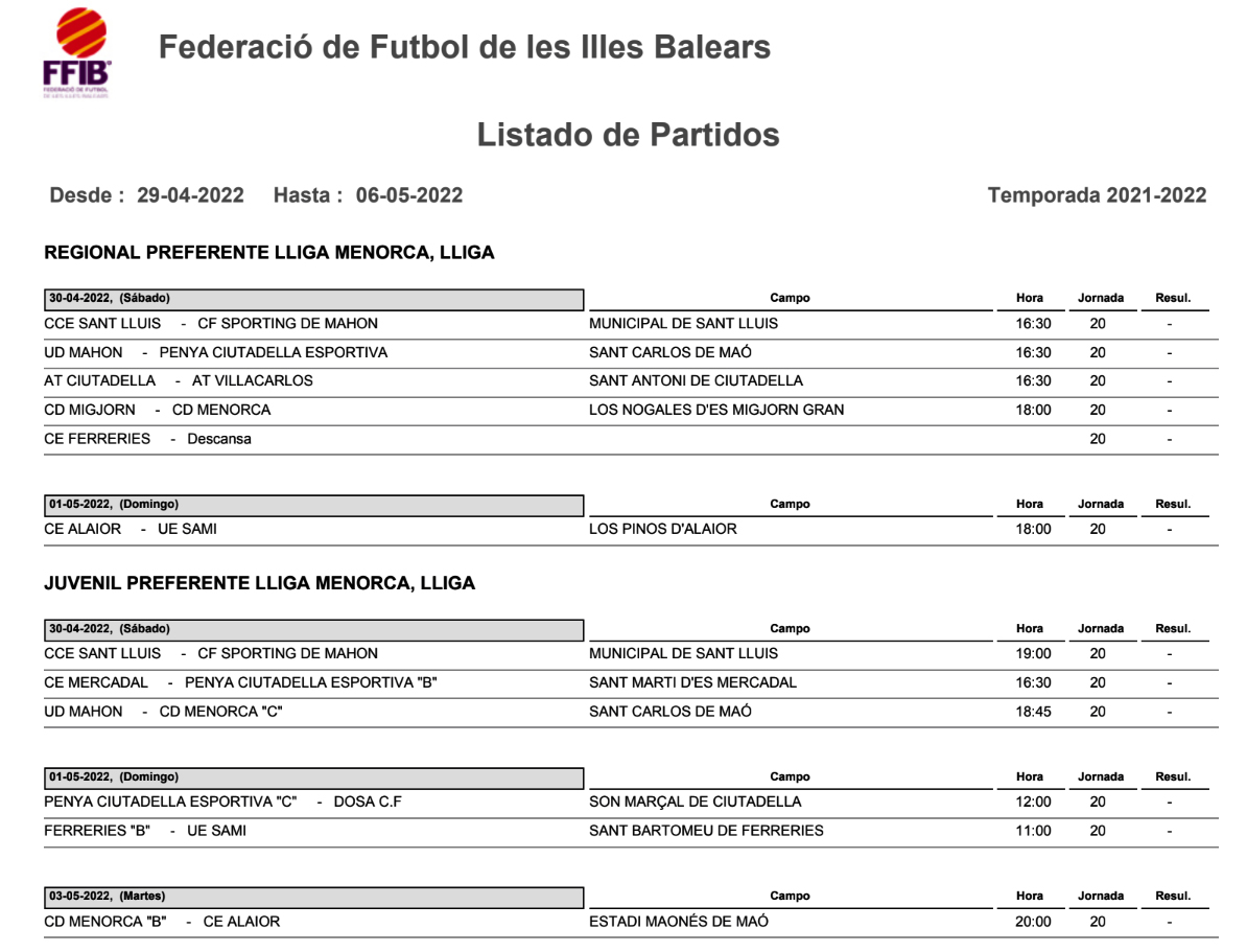 Horarios Futbol Menorca