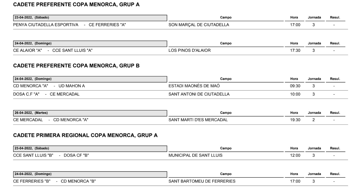 Horarios Futbol Menorca