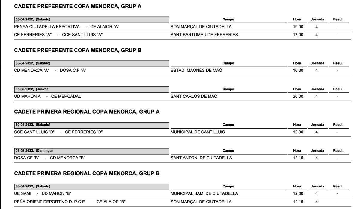 Horarios Futbol Menorca