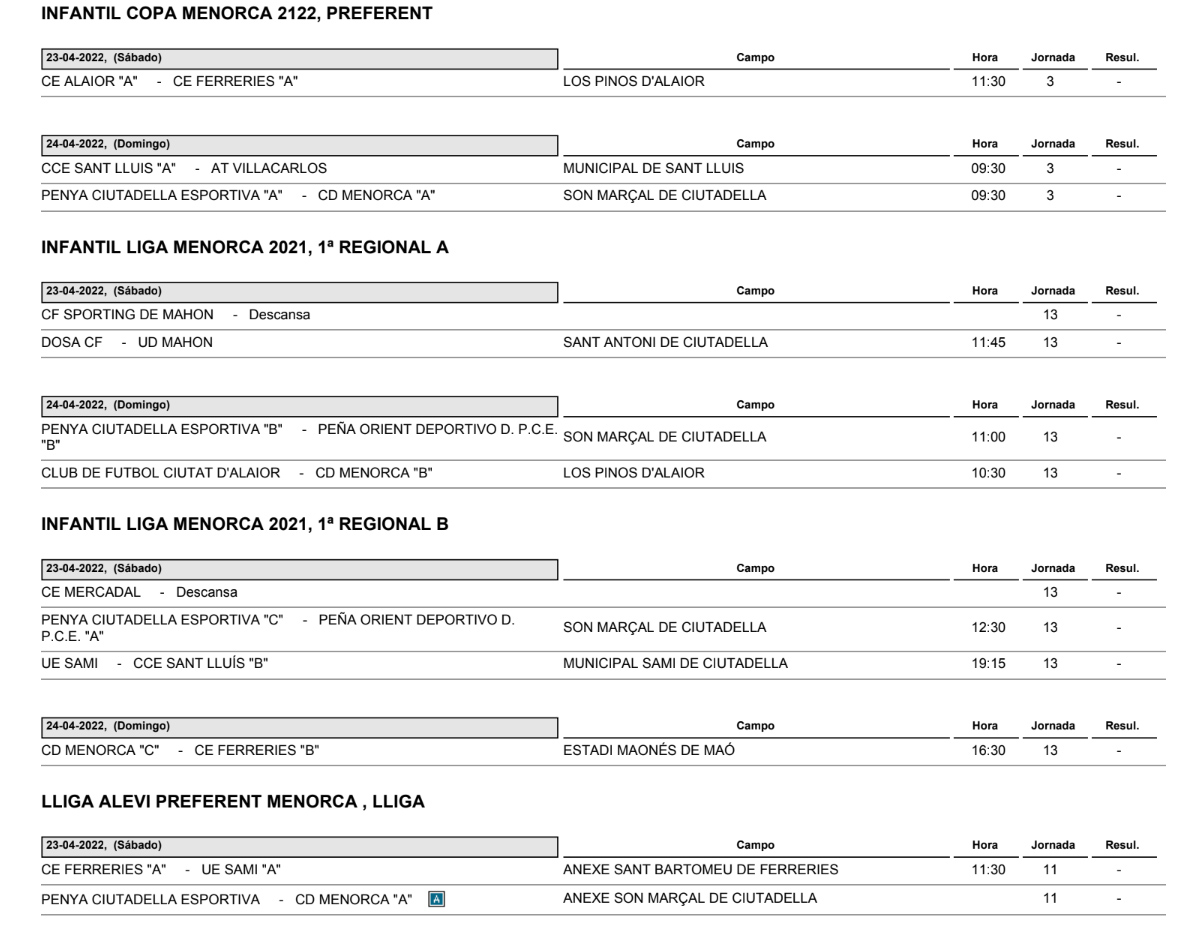 Horarios Futbol Menorca