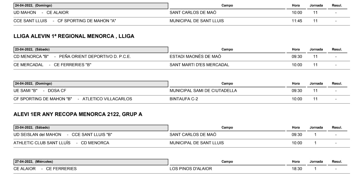 Horarios Futbol Menorca