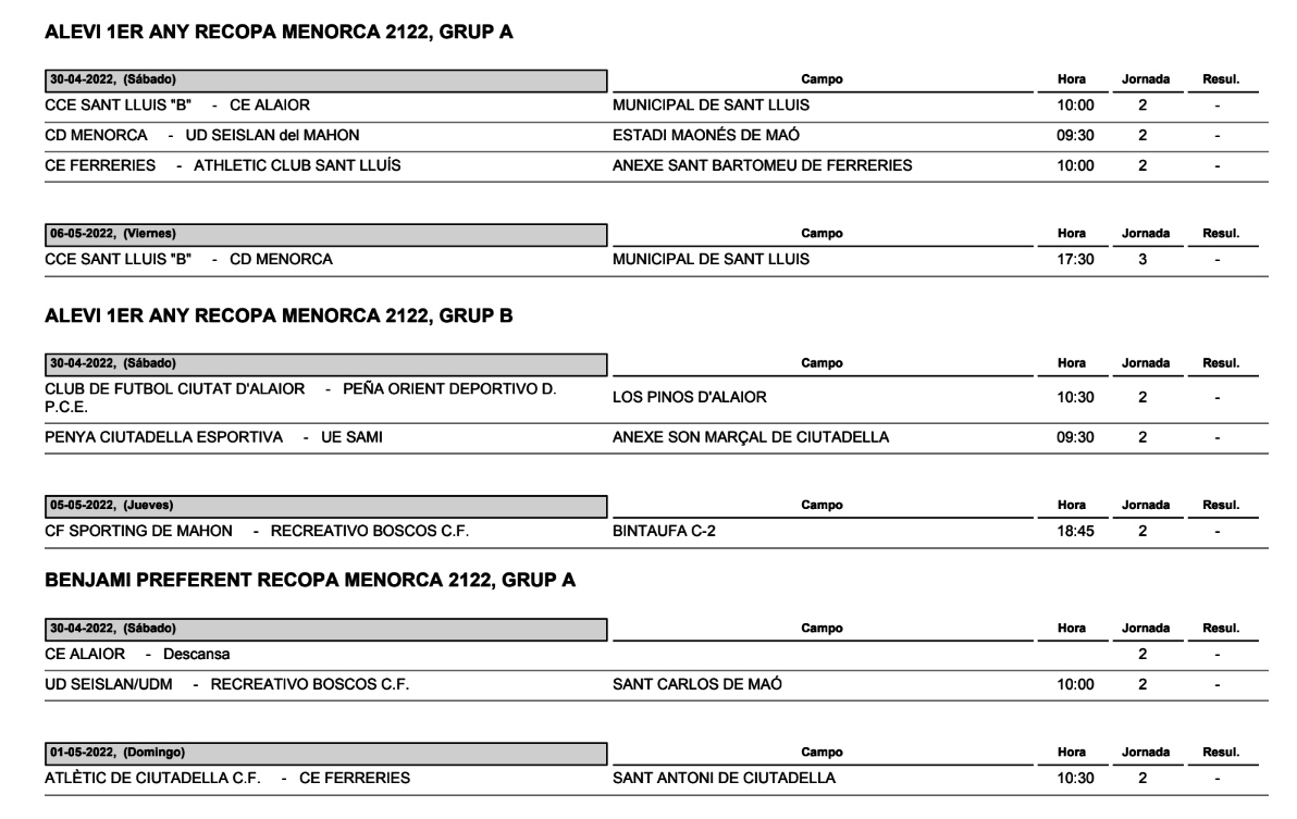 Horarios Futbol Menorca