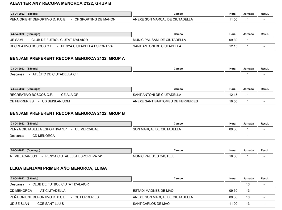 Horarios Futbol Menorca