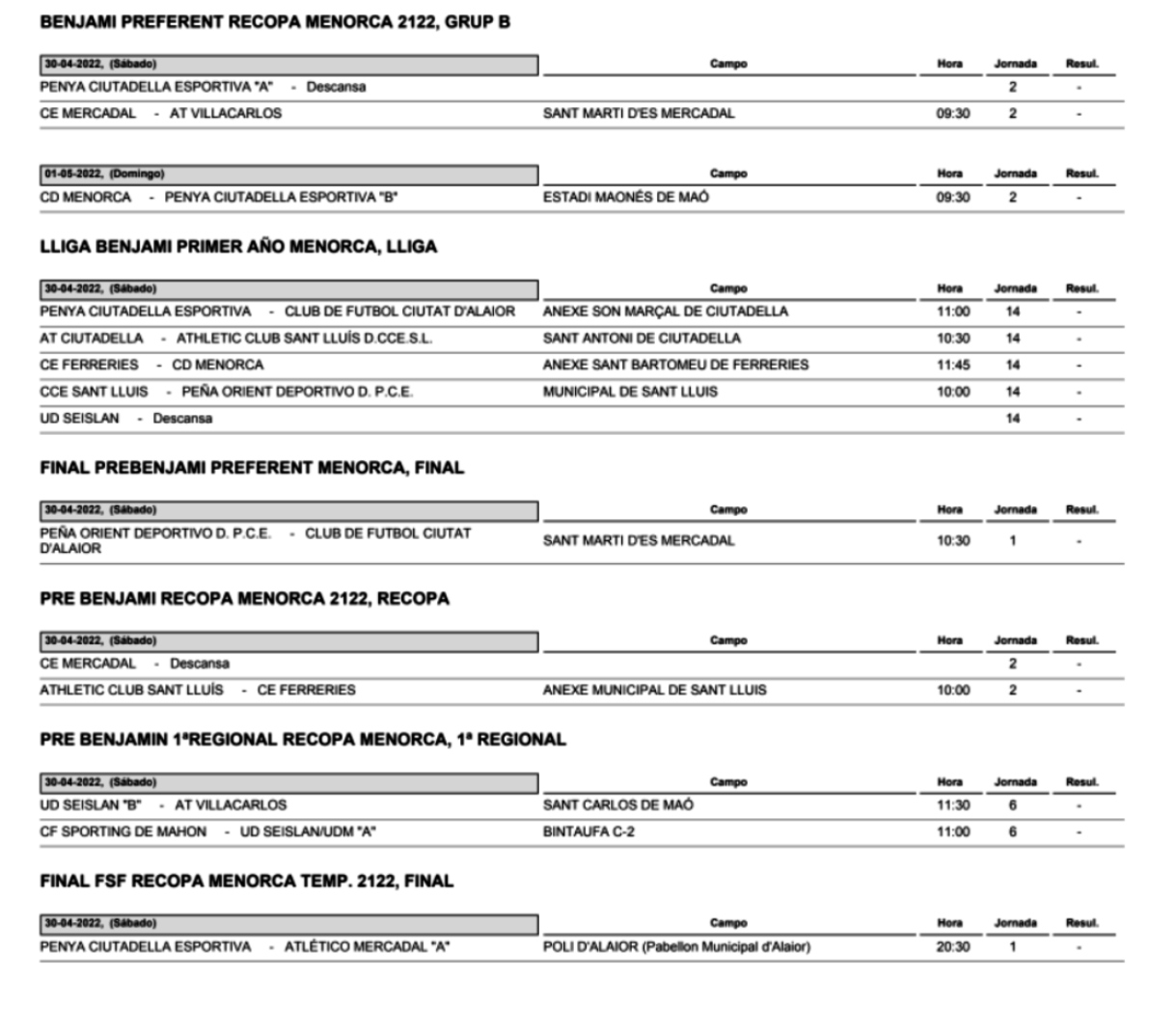 Horarios Futbol Menorca