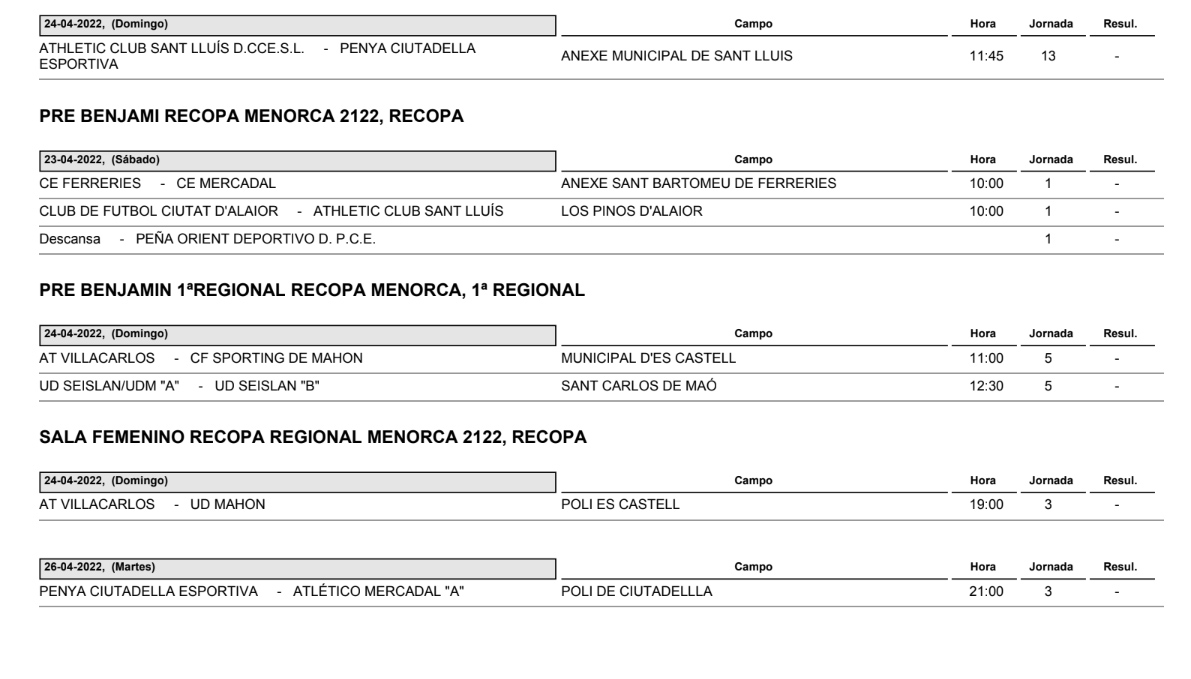 Horarios Futbol Menorca