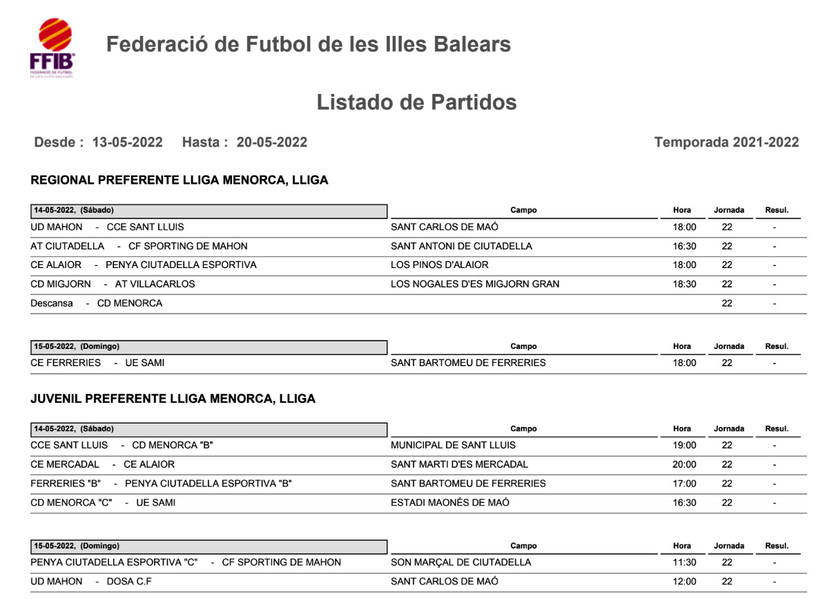 Horarios Futbol Menorca