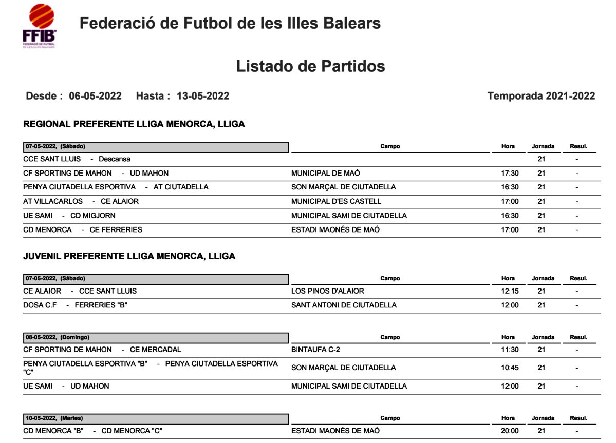 Horarios Futbol Menorca