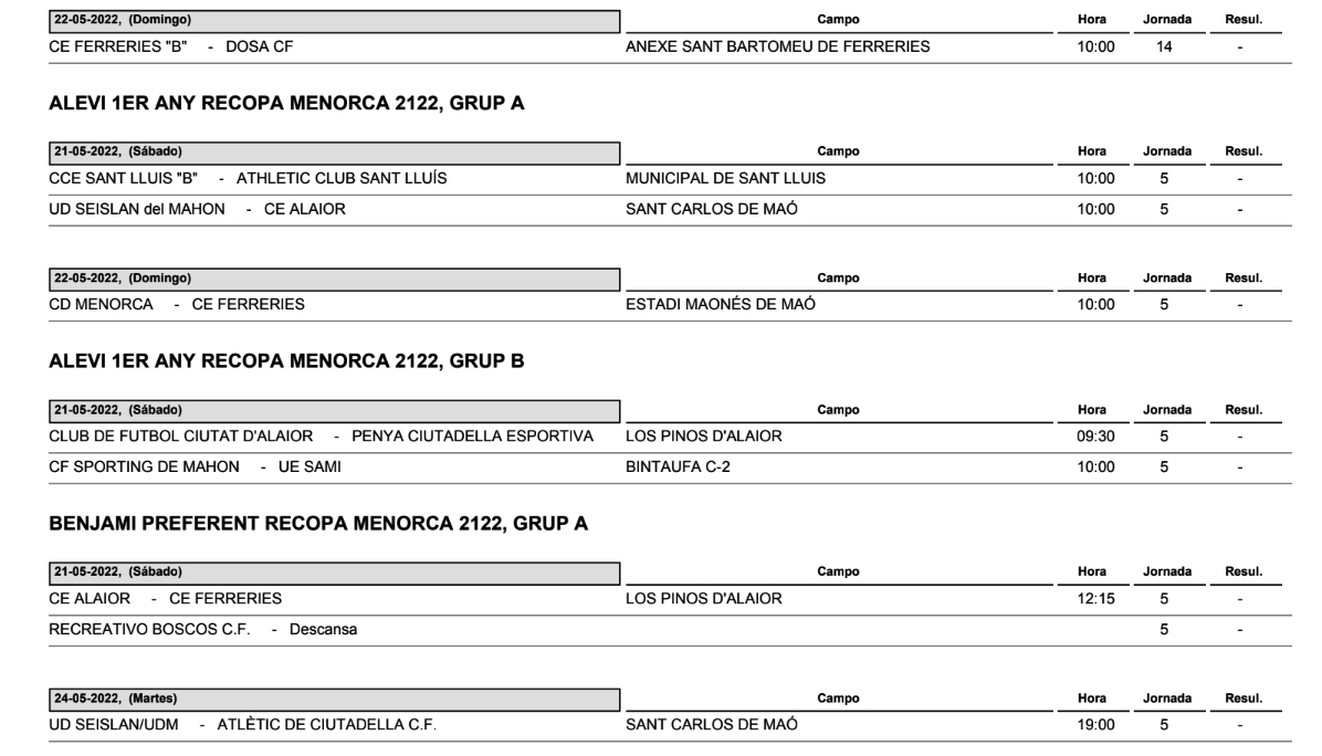 Horarios Futbol Menorca