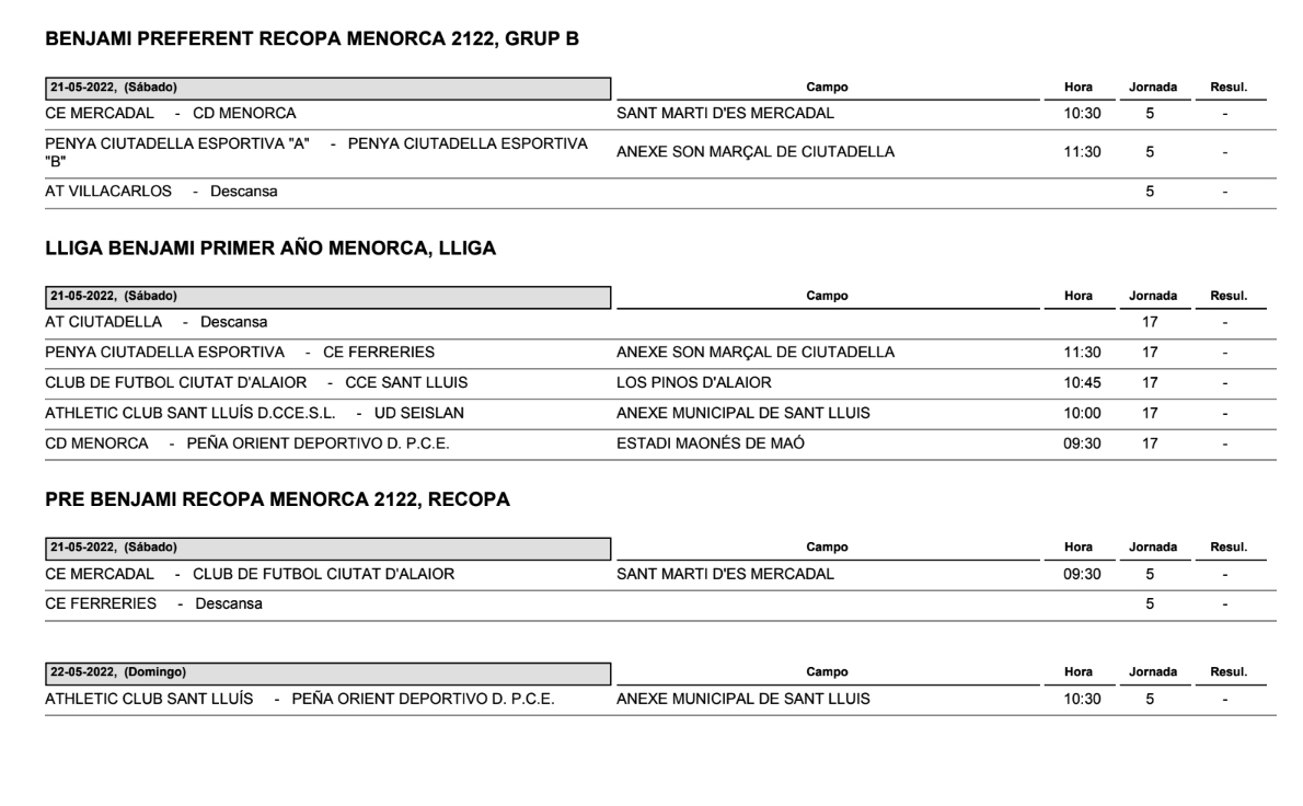 Horarios Futbol Menorca