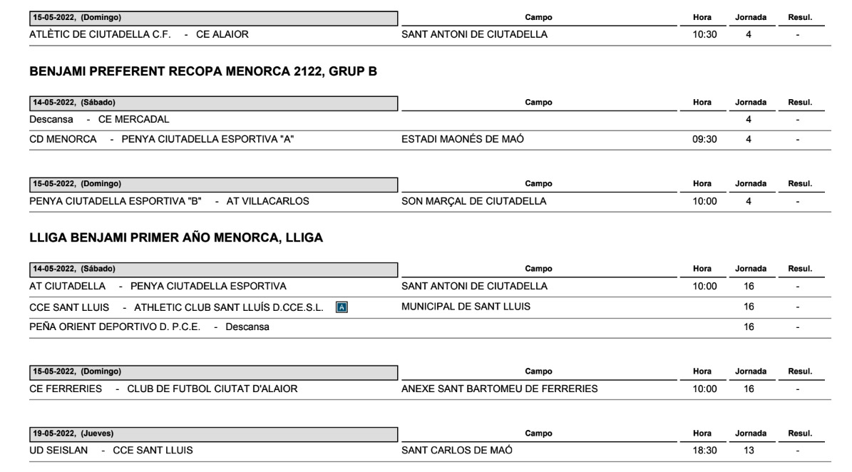 Horarios Futbol Menorca