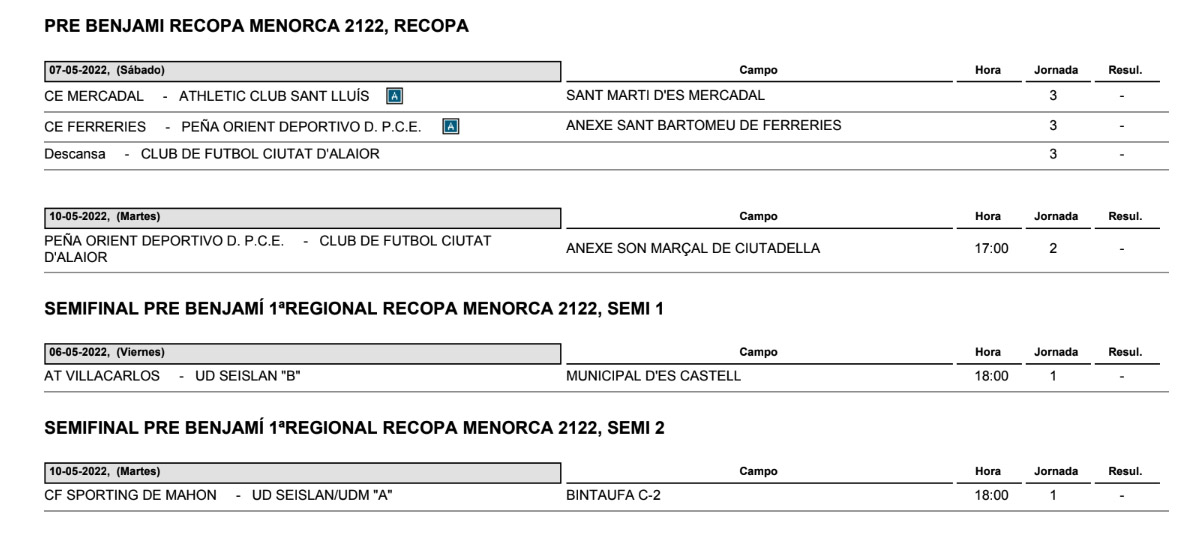 Horarios Futbol Menorca