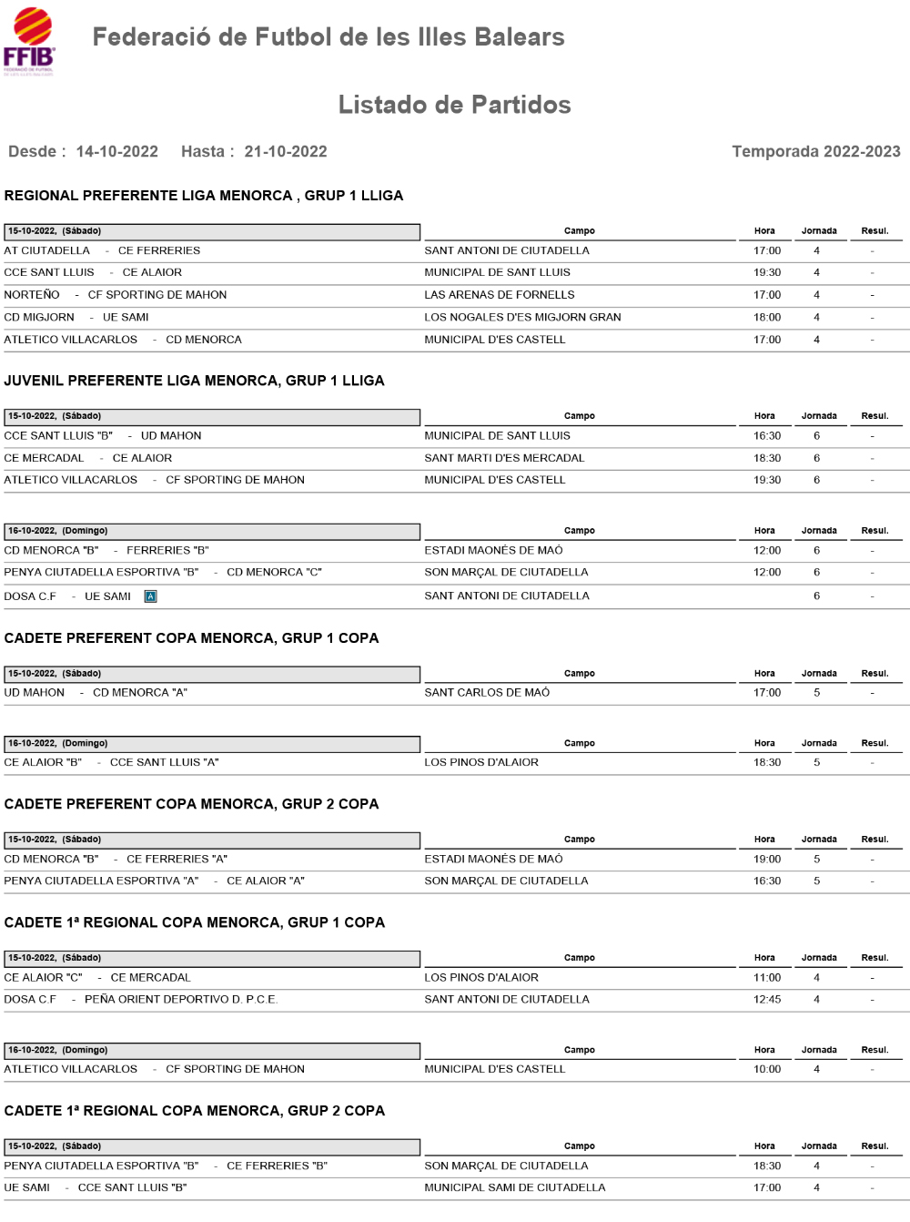 Horarios Futbol Menorca