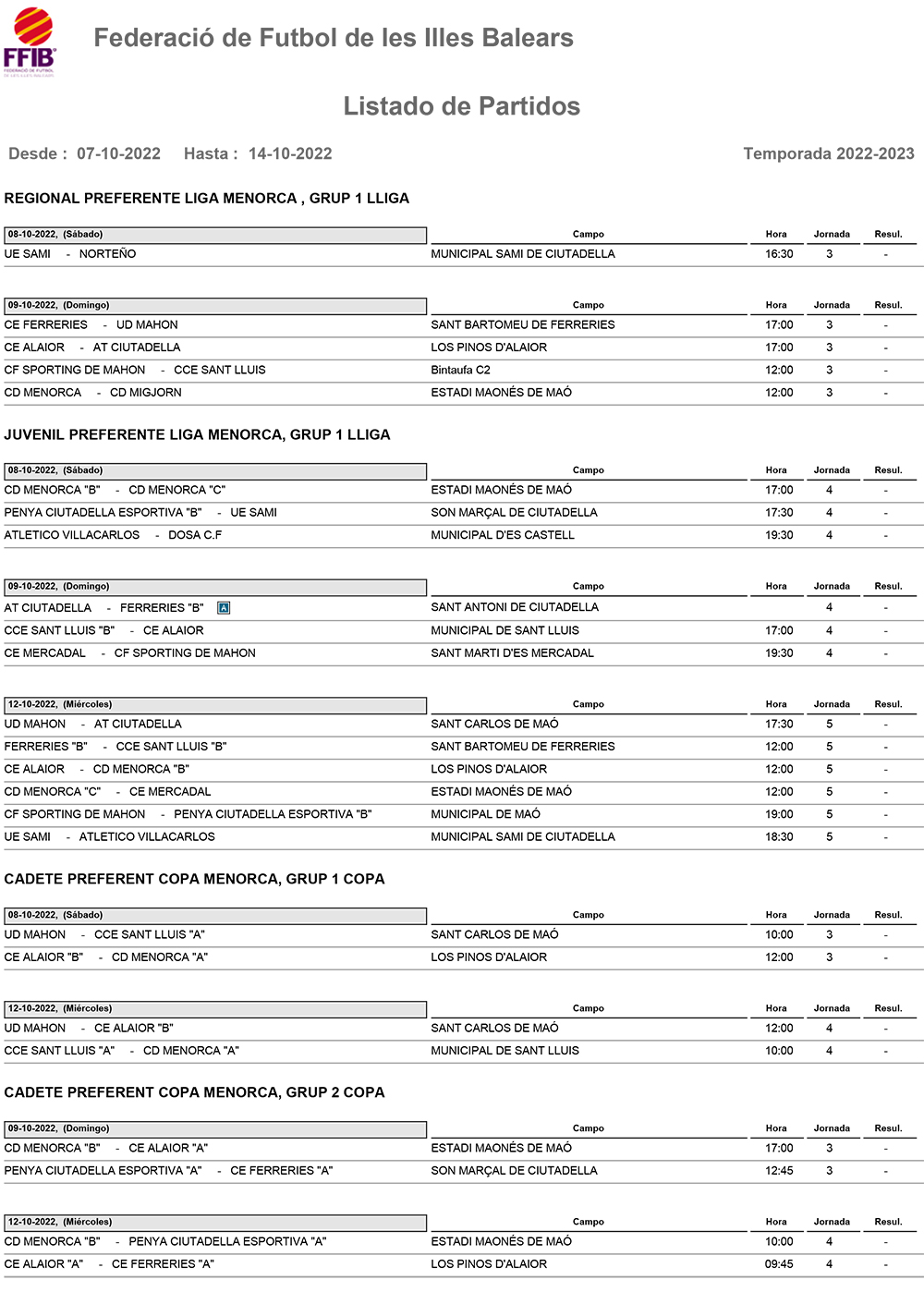Listado de Partidos Futbol 2223