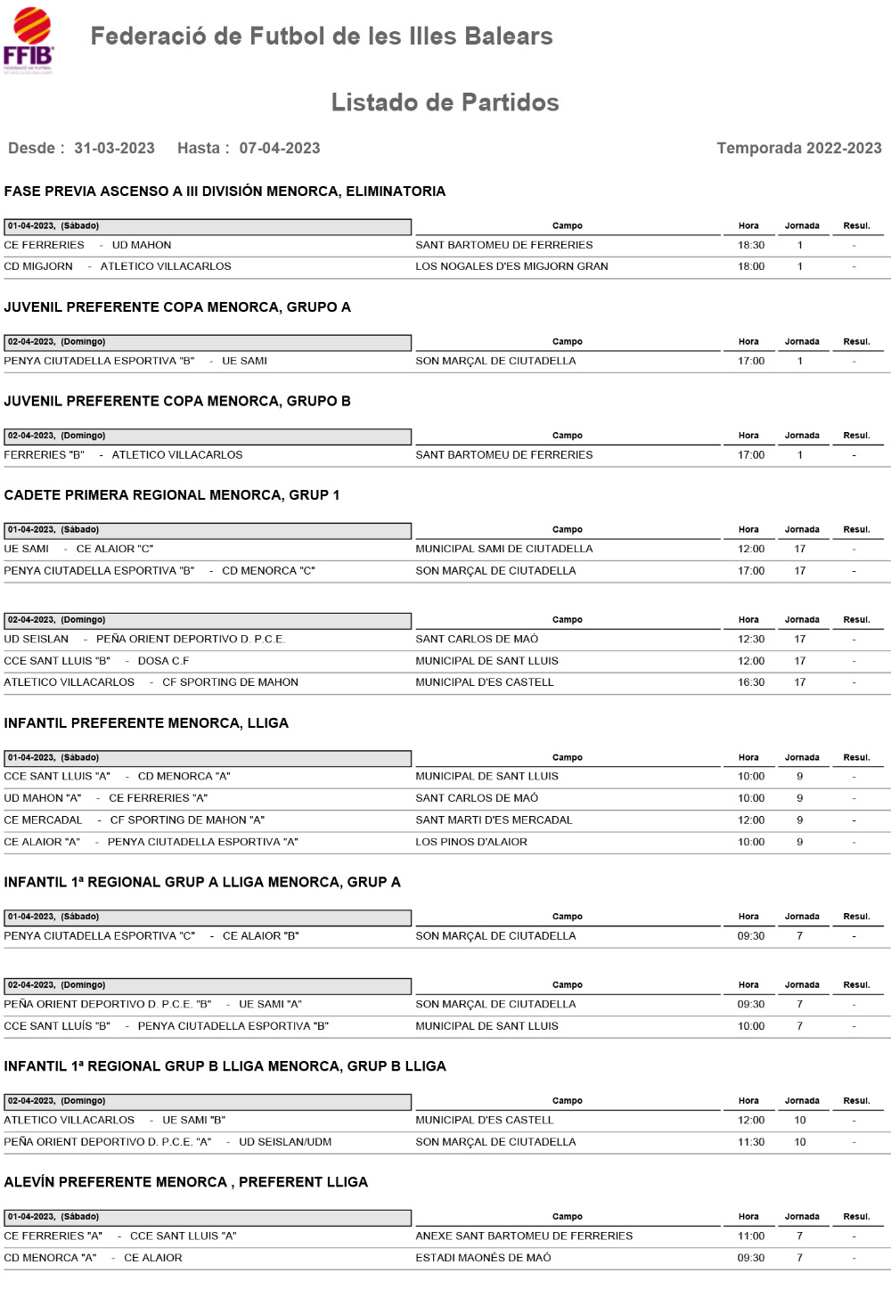 Horarios Futbol Menorca