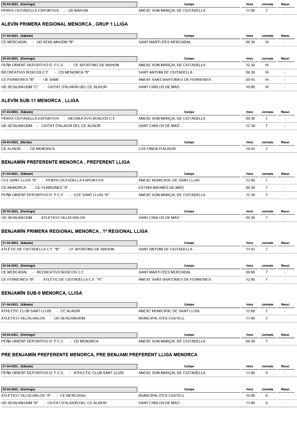 Horarios Futbol Menorca