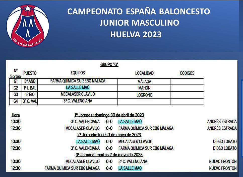 Cuadro-Calendario Cto España Basquet Junior-La salle Mahón