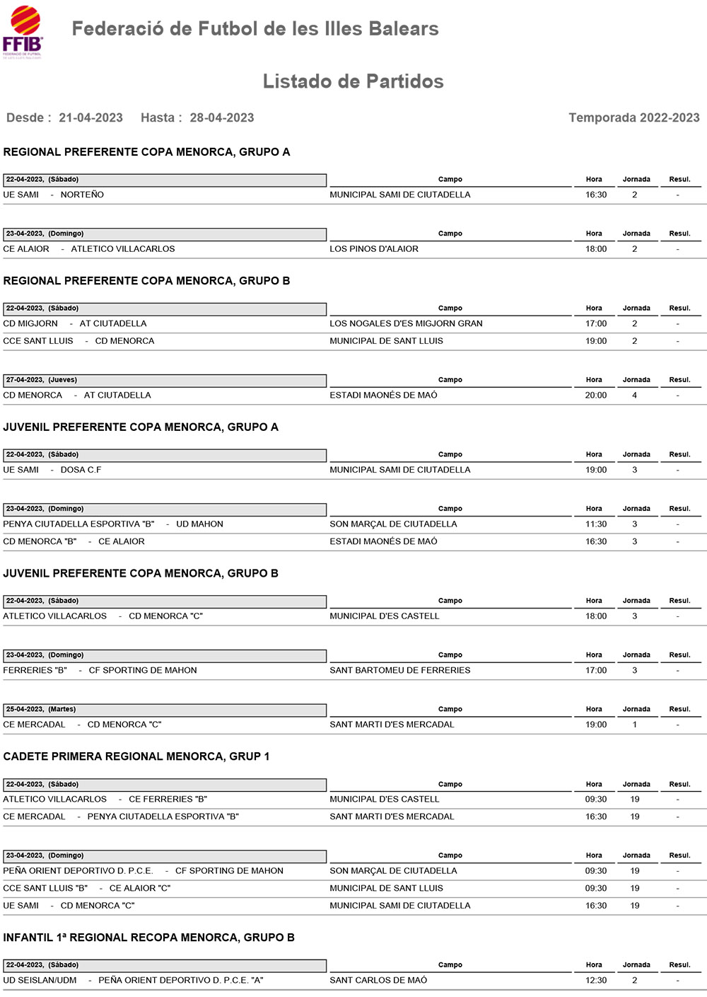 Horarios Futbol Menorca