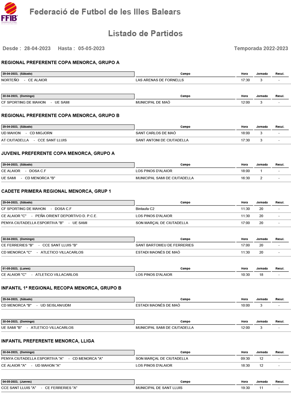 Horarios Futbol Menorca