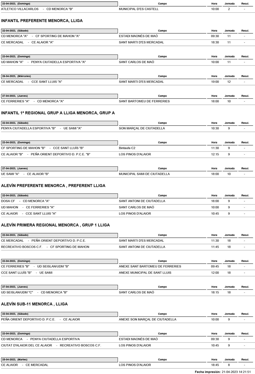 Horarios Futbol Menorca