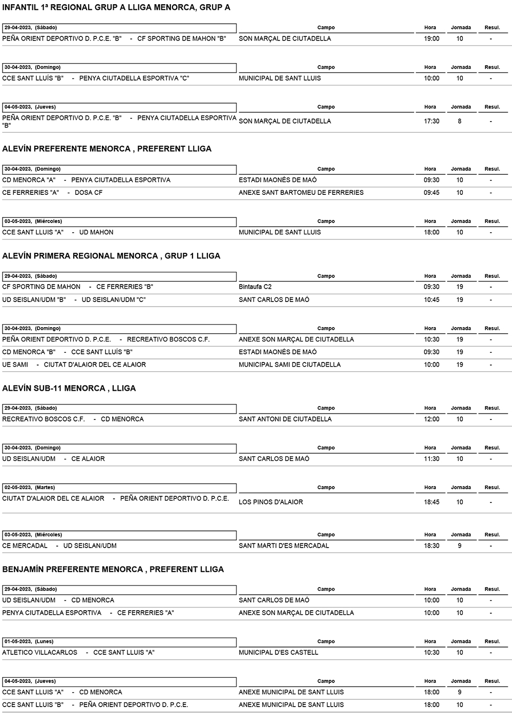 Horarios Futbol Menorca
