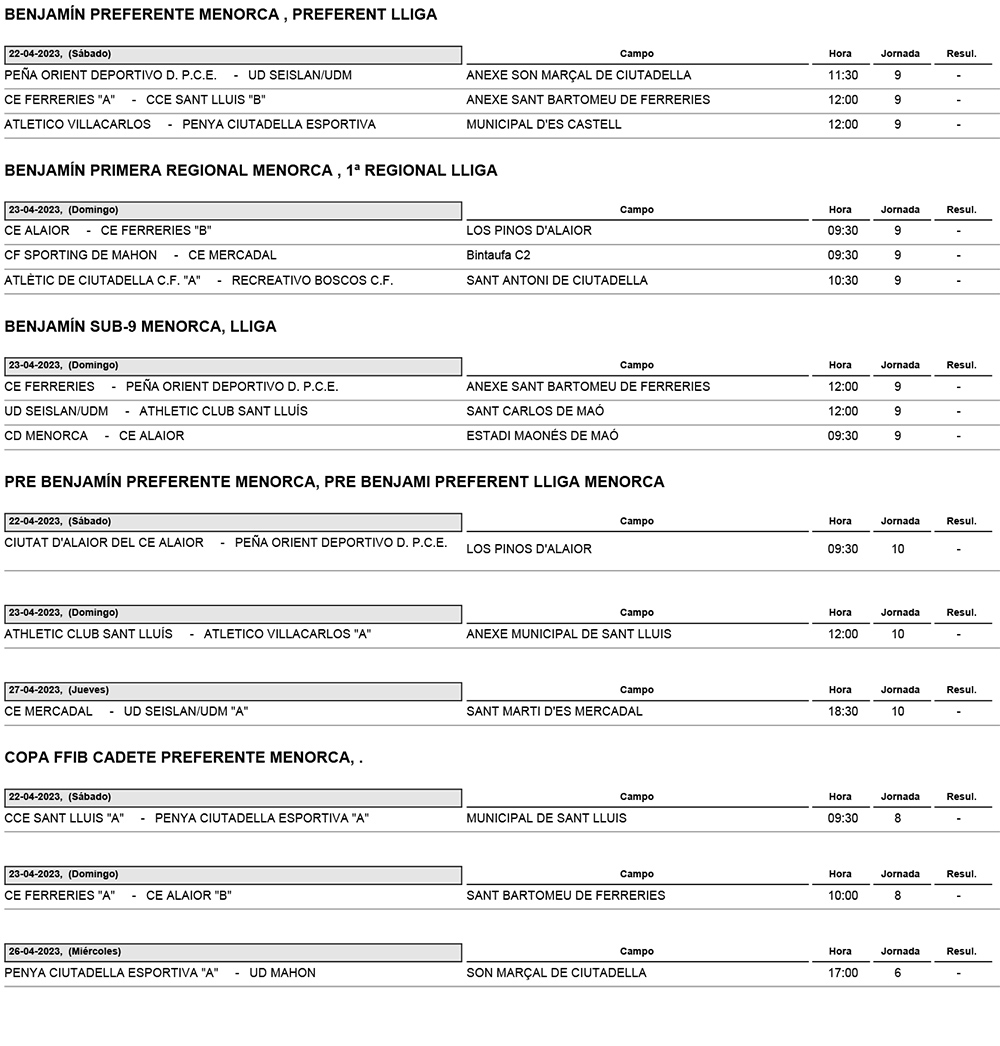 Horarios Futbol Menorca