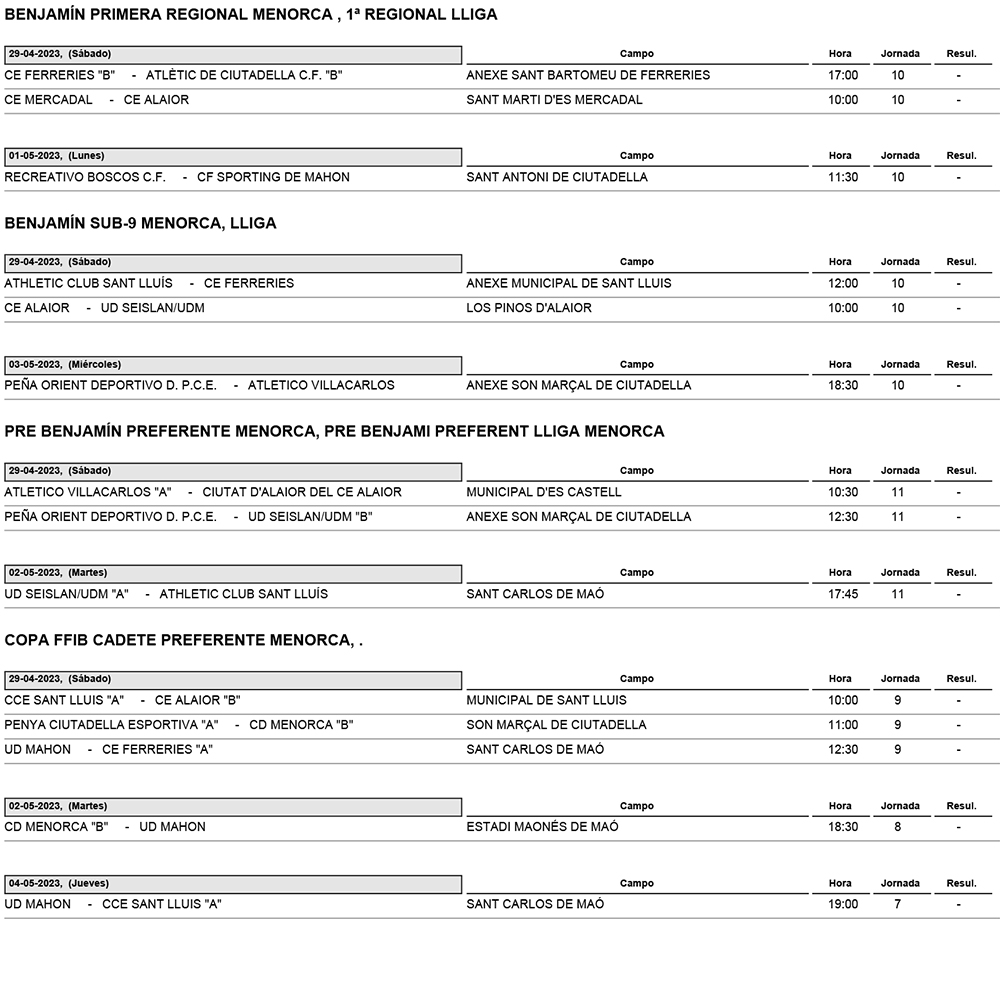 Horarios Futbol Menorca