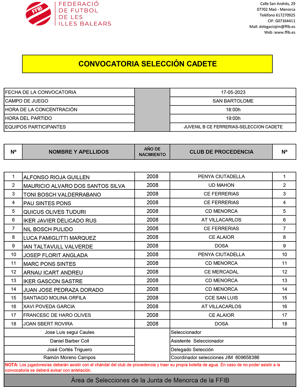 Convocatoria Seleccion Cadete 2223