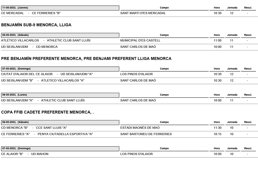 Horarios Futbol Menorca