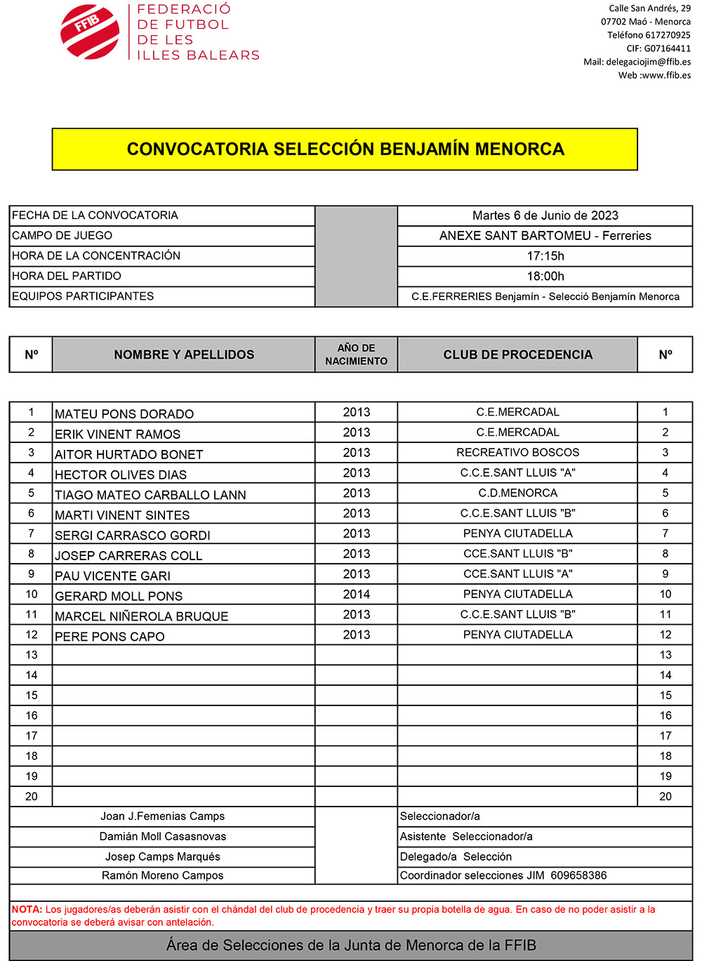 Convocatoria seleccion Benjami