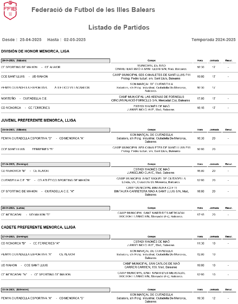 Horarios futbol Menorca