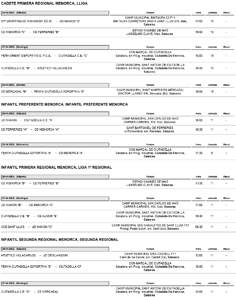 Horarios futbol Menorca