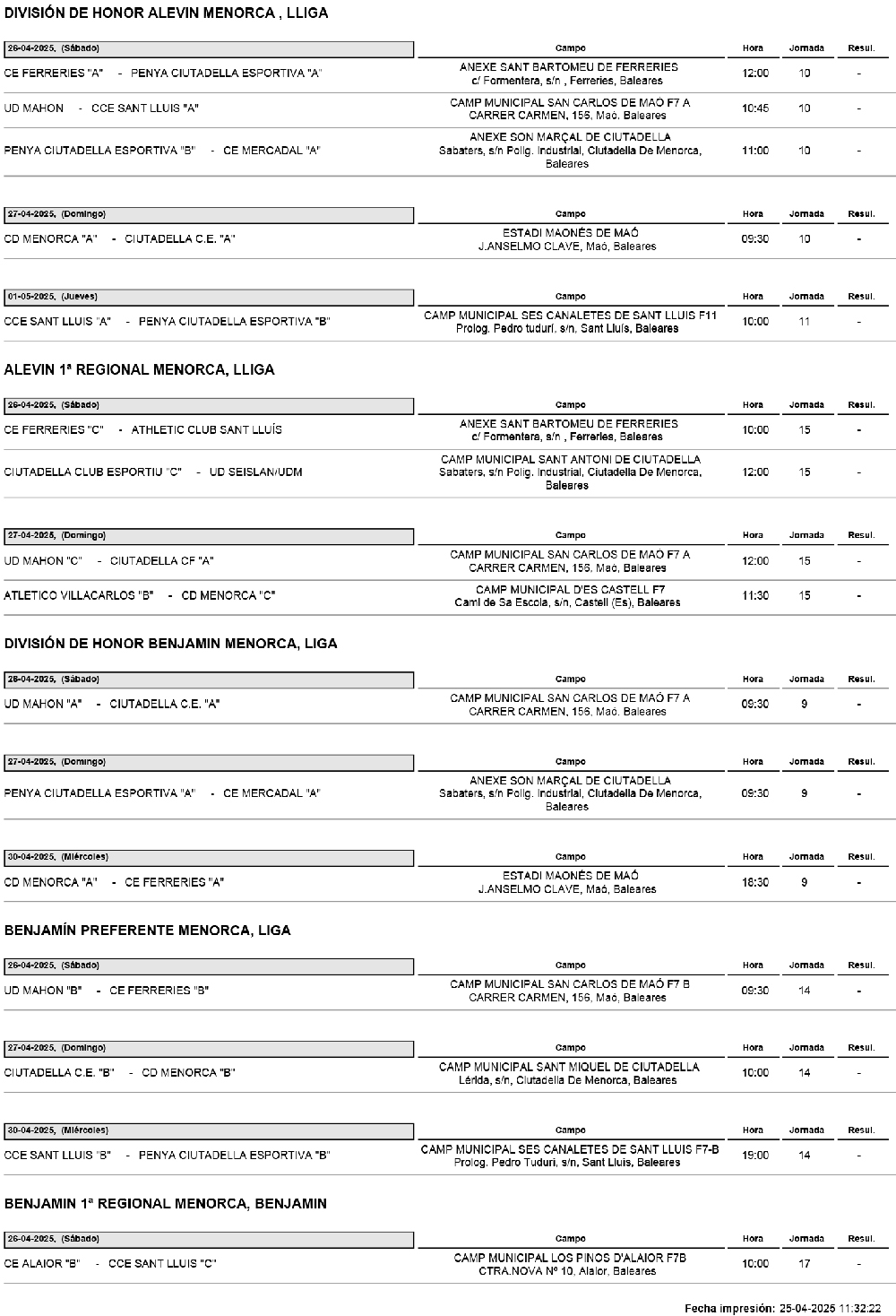 Horarios futbol Menorca