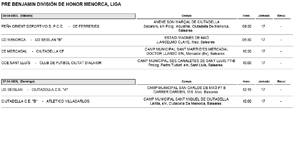 Horarios futbol Menorca